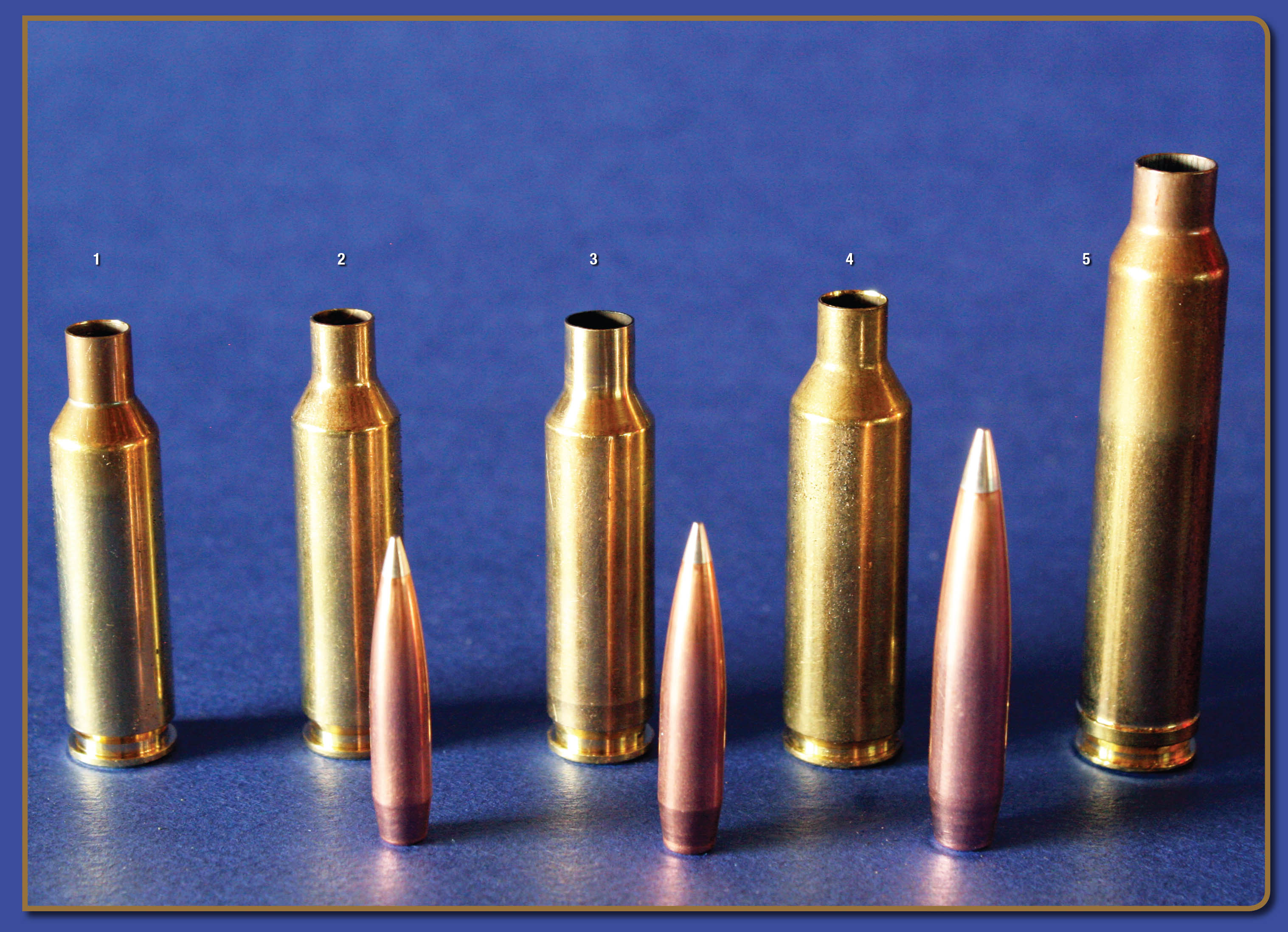 From left, A-TIP bullets include the 110-grain 6mm, 135-grain 6.5mm and 230-grain .30 caliber. Cartridges include the (1) 6XC, (2) 6mm Creedmoor, (3) 6.5 Creedmoor, (4) 6.5 PRC and the (5) .300 Winchester Magnum.